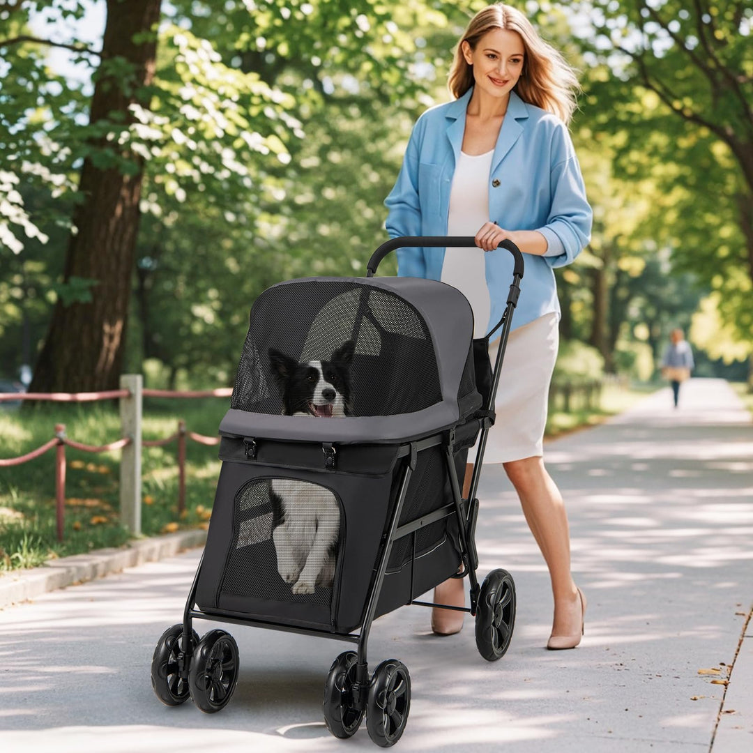 Giantex Dog Stroller with Low Entry &amp; Ramp Access, Cat Stroller with Lockable &amp; Shock-Absorbing All-Terrain Wheels