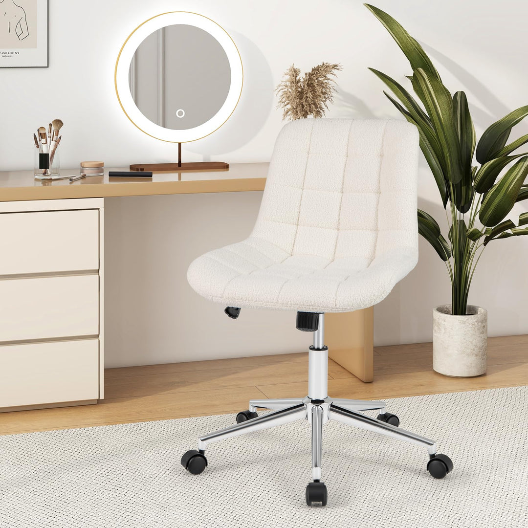 Giantex Armless Office Chair, Modern Faux Fur White Vanity Chair with Wheels &amp; Adjustable Height