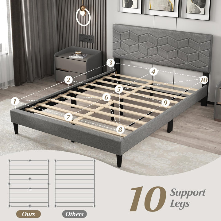 Giantex Queen/Full/Twin Size Upholstered Bed Frame Modern Platform Bed with Linen Fabric Geometric Headboard