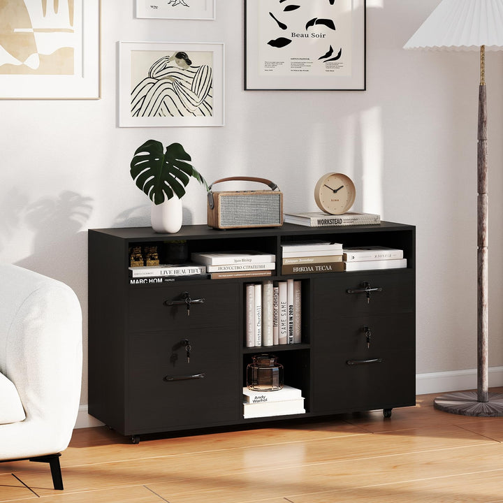 Giantex 4-Drawer Lateral File Cabinet with Lock &amp; 5 Rolling Wheels (2 Lockable)