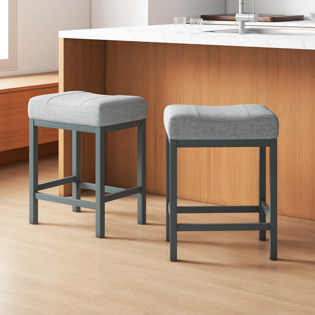 Giantex Counter Height Bar Stools Set of 2/4, 24.5" Backless Linen Fabric Bar Saddle Stools w/Solid Rubber Wood Frame &amp; Footrest