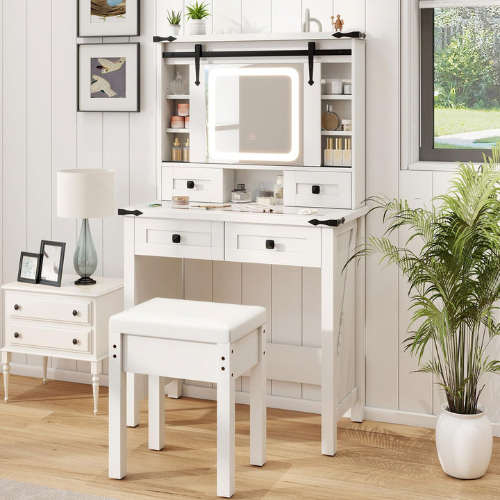CHARMAID Farmhouse Vanity Desk with Drawers &amp; Shelves, Rustic Vanity Dressing Table with Stool (31" Wide,White)