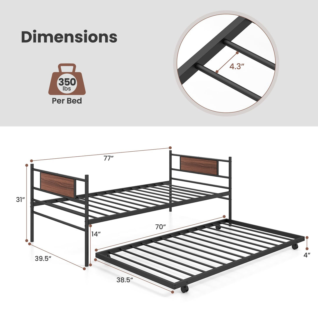 Giantex Metal Daybed with Trundle, Twin Size Day Bed with Wood Grain Headboard &amp; Metal Slat Support