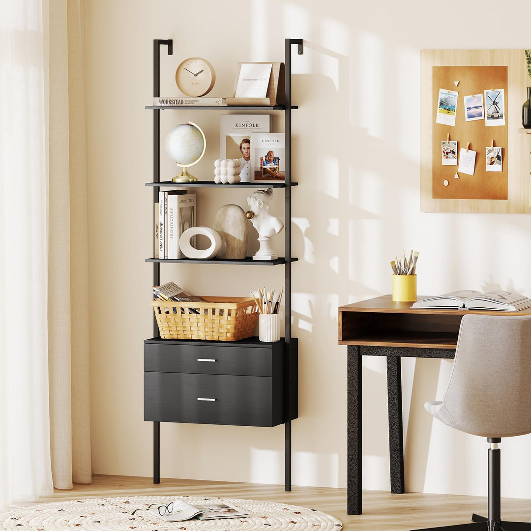 Giantex 6-Tier Ladder Bookcase with 2 Drawers 72.5" Tall Wall-Mounted Bookshelf with Metal Frame