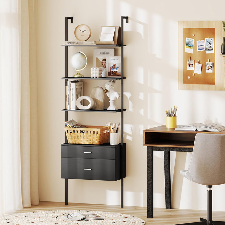 Giantex 6-Tier Ladder Bookcase with 2 Drawers 72.5" Tall Wall-Mounted Bookshelf with Metal Frame
