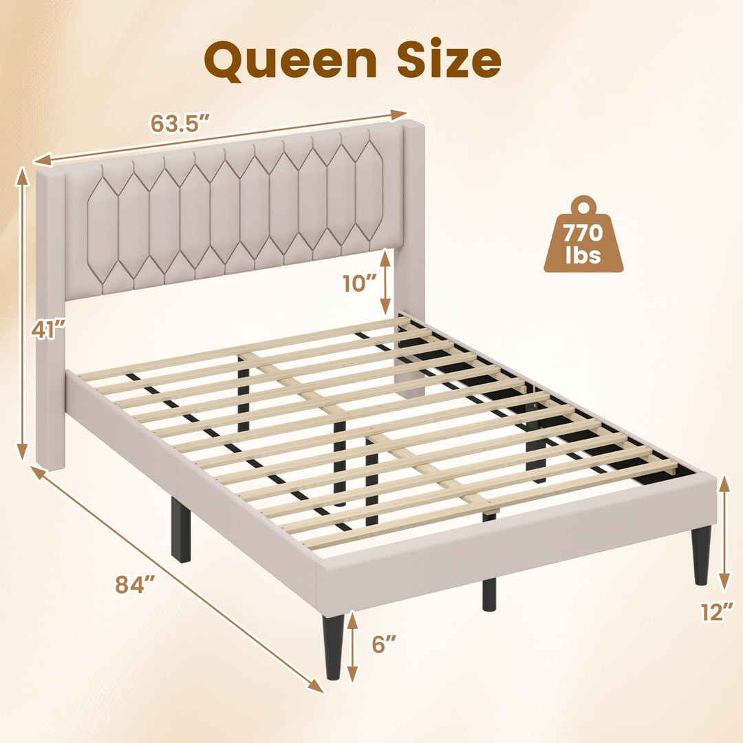 Giantex Queen Size Dutch Velvet/Linen Fabric Upholstered Platform Bed with Wingback Headboard and Wooden Slat Support