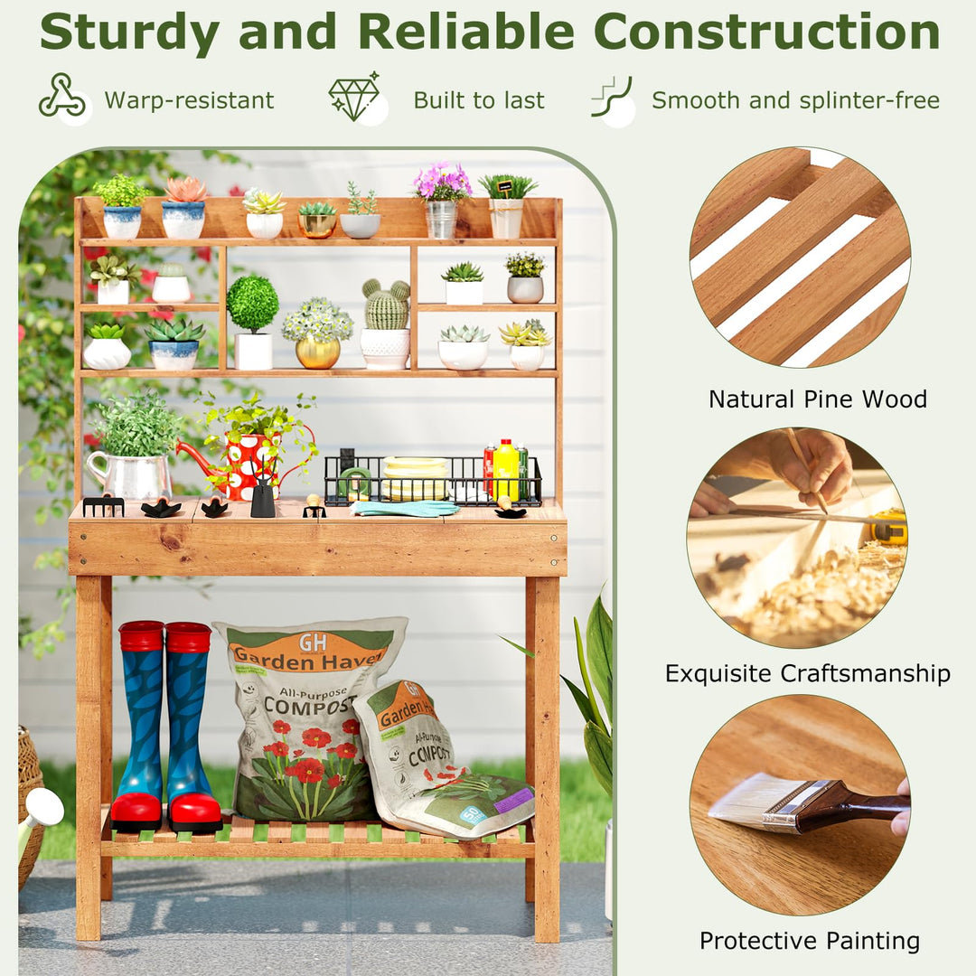 Giantex Outside Solid Wood Potting Table with Flip-up Tabletop