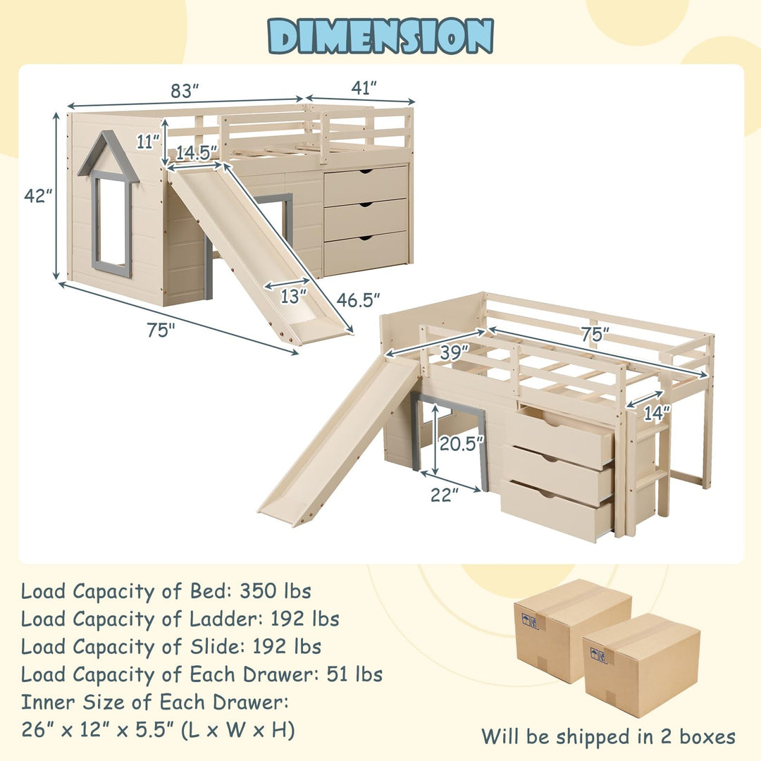 Giantex Low Loft Bed Twin Size | Solid Wood Kids Bed with Slide &amp; 3 Storage Drawers