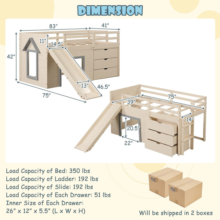 Giantex Low Loft Bed Twin Size | Solid Wood Kids Bed with Slide &amp; 3 Storage Drawers