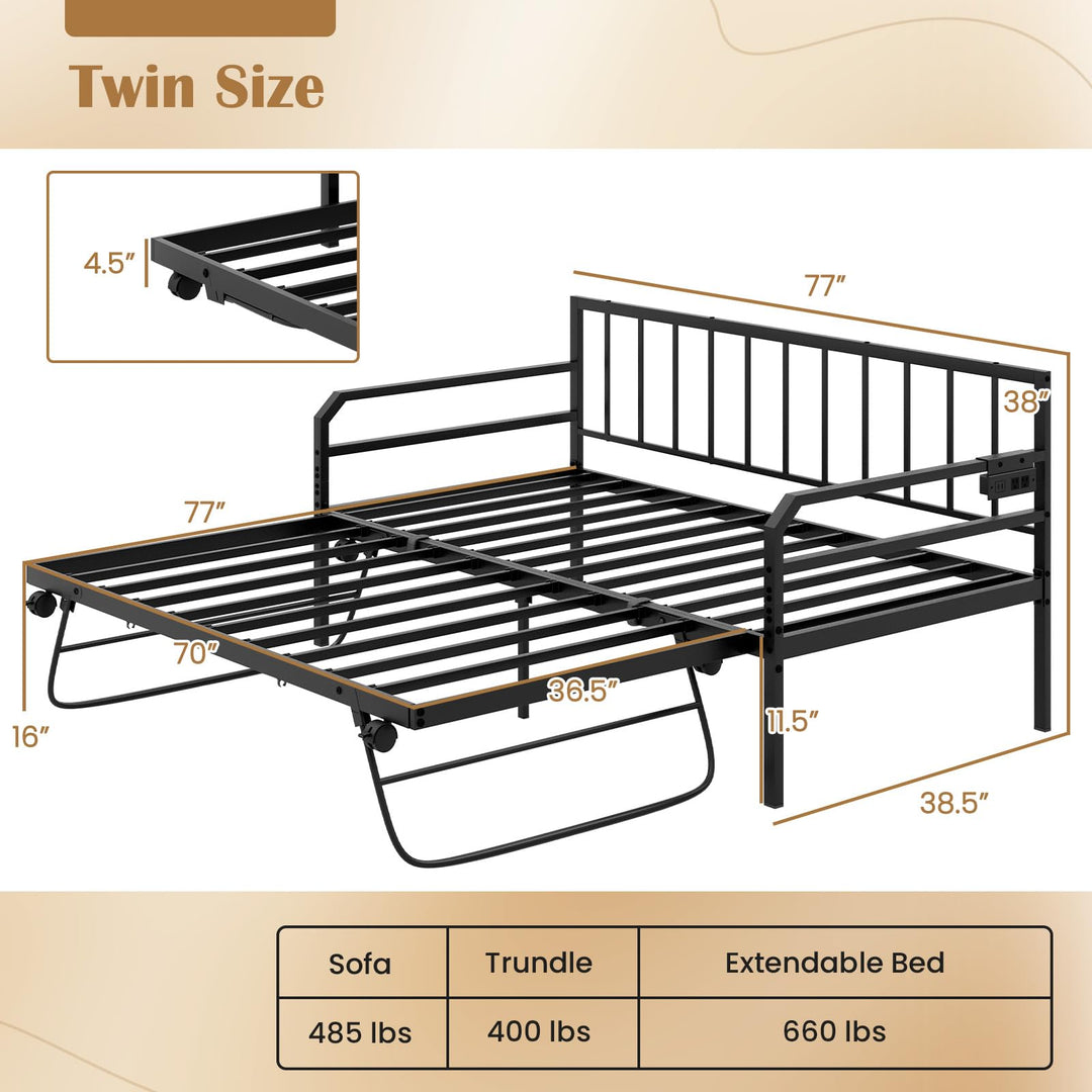 Giantex Twin Daybed with Trundle, Twin Bed Frame with Charging Station &amp; LED Lights, Metal Trundle Bed Twin w/Steel Slats Support