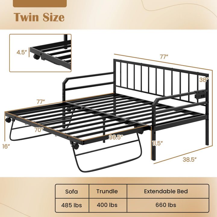Giantex Twin Daybed with Trundle, Twin Bed Frame with Charging Station &amp; LED Lights, Metal Trundle Bed Twin w/Steel Slats Support
