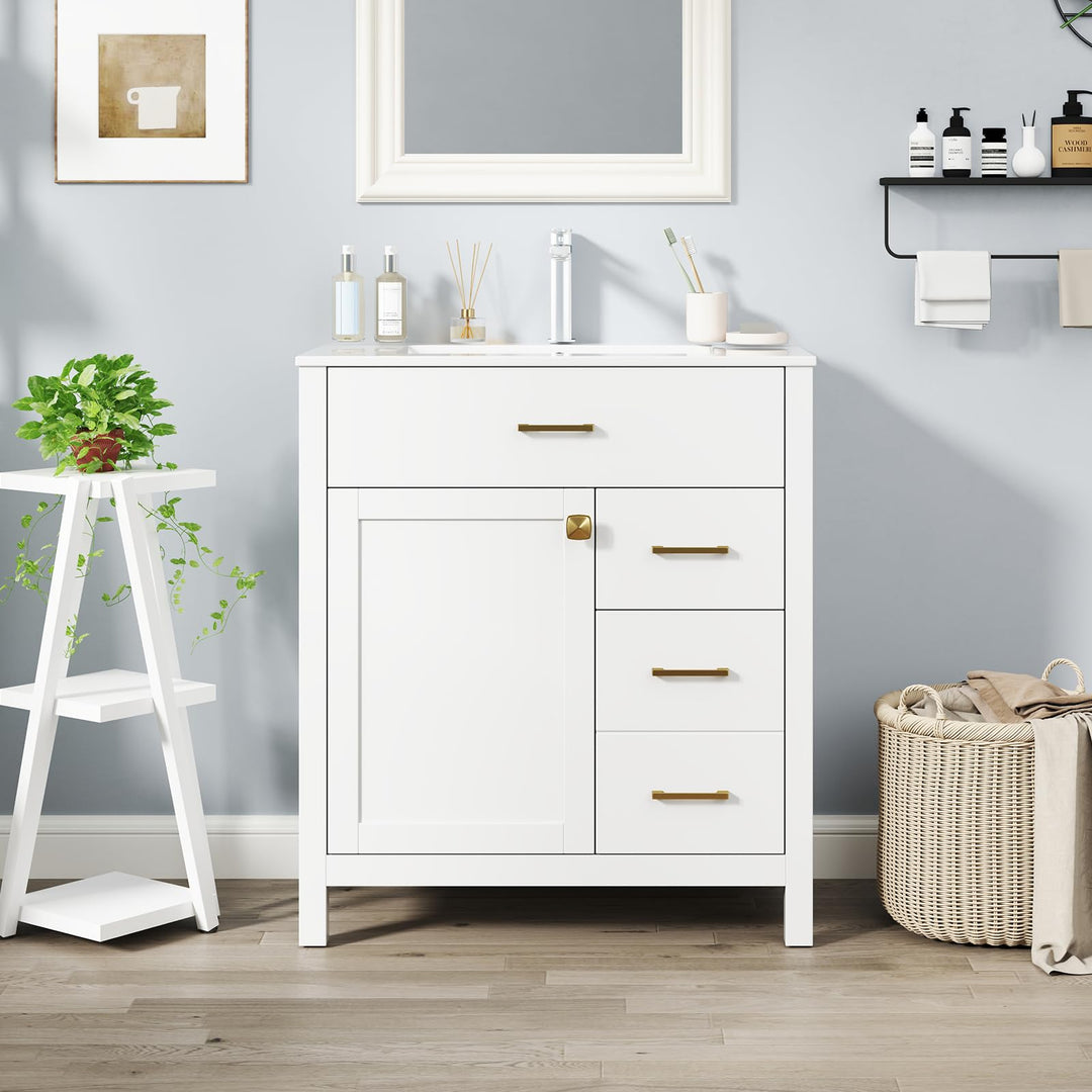 Giantex 30” Bathroom Vanity with Sink, Ceramic Basin Combo with 2 Drawers, 1 Door, 1 Flip-Out Drawer
