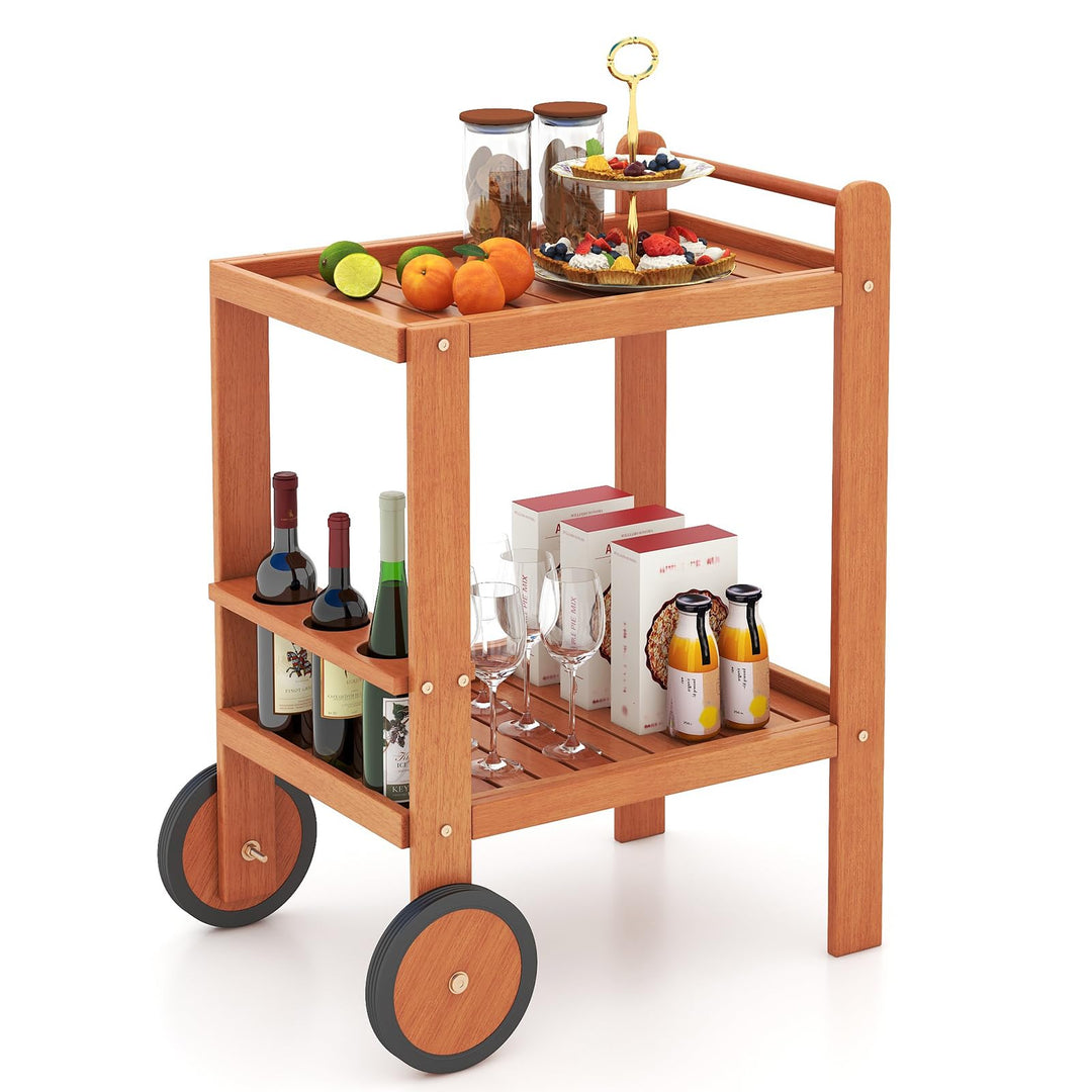 Giantex Wood Bar Cart, 2 Tier Side Table with Large Wheels &amp; Wine Bottle Rack