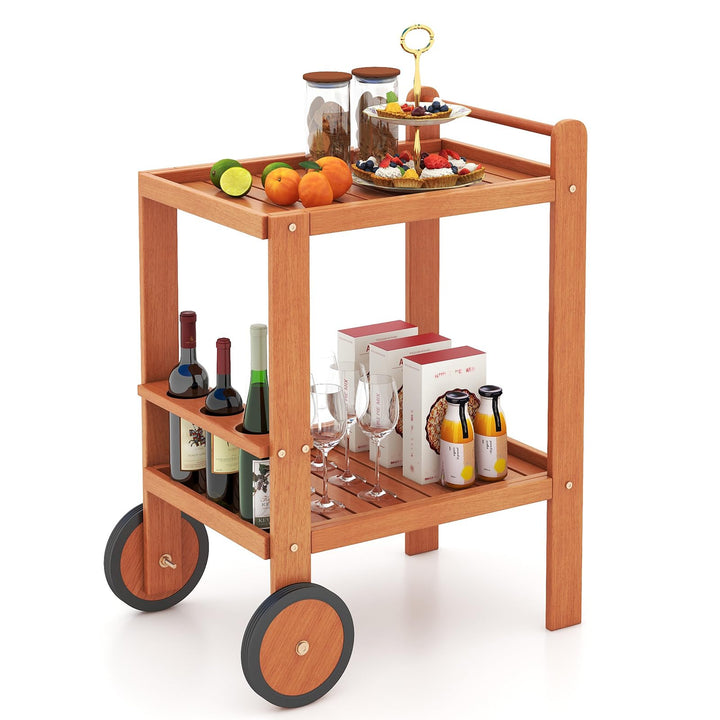 Giantex Wood Bar Cart, 2 Tier Side Table with Large Wheels &amp; Wine Bottle Rack