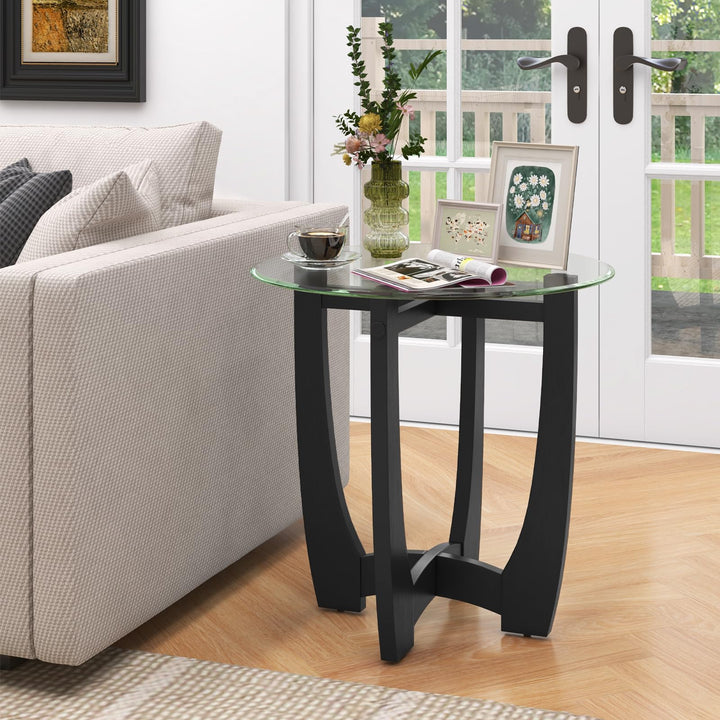 Giantex Glass End Table, Round Side Table with Rubber Wood Frame &amp; Tempered Glass Top, 23.5" Small Black Coffee Table