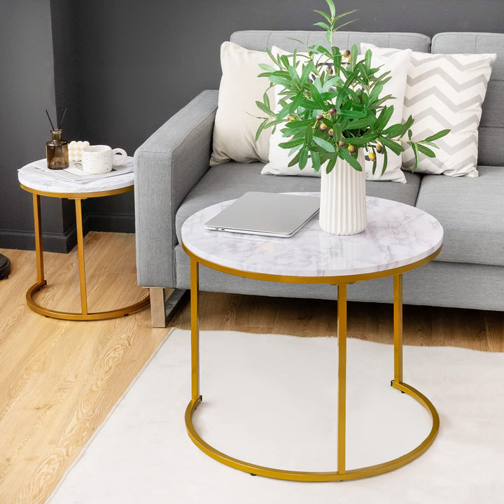 Giantex Nesting Coffee Table Set of 2, Round Stacking Side Tables with Wooden Tabletop &amp; Powder Coated Steel Frame