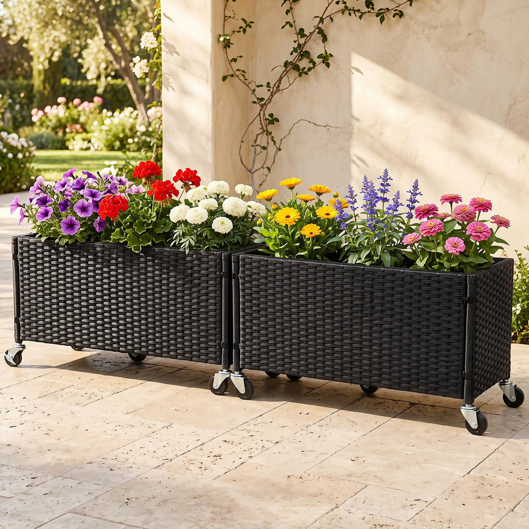 GIANTEX 38"x12"x14" Wicker Raised Garden Bed w/Wheels (1/2)