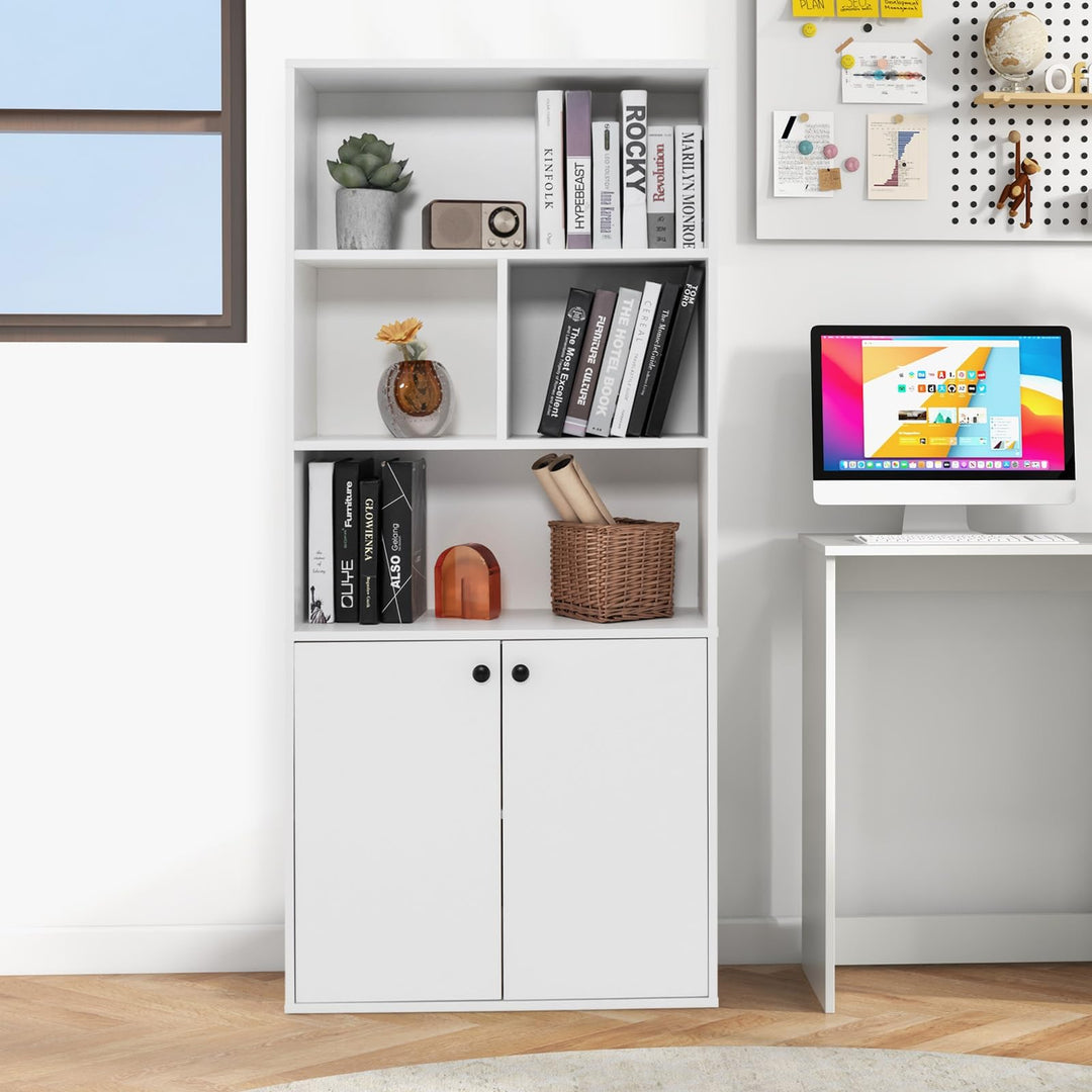 Giantex 3-Tier Bookcase with Doors, 61" Tall Bookshelf with 4 Open Cubes &amp; Adjustable Shelf, White