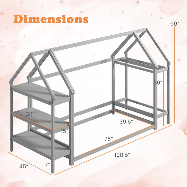 Giantex Twin Floor Bed, Wood Montessori Floor Bed with Detachable 3 Tier Storage Bookshelf &amp; Clothes Rack