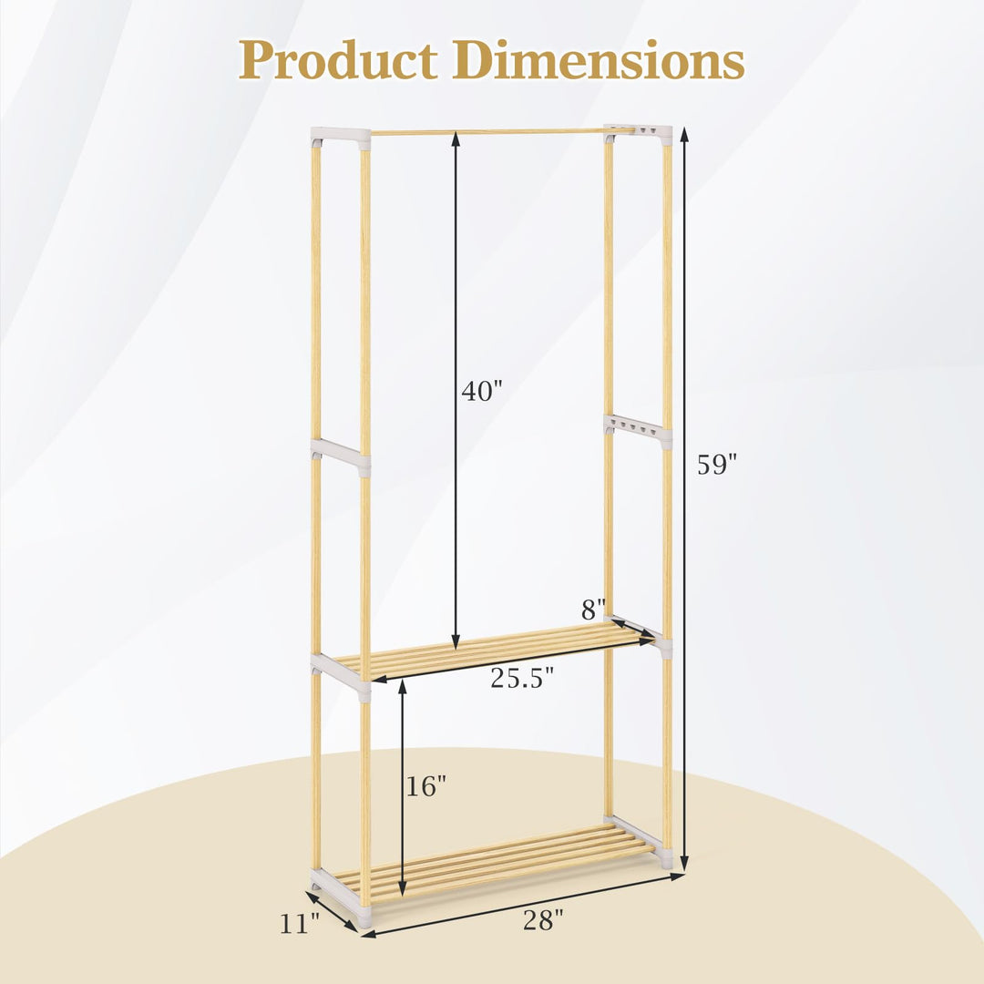 Giantex Pine Wood Clothes Rack with 2-Tier Open Storage Shelf for Hanging Clothes