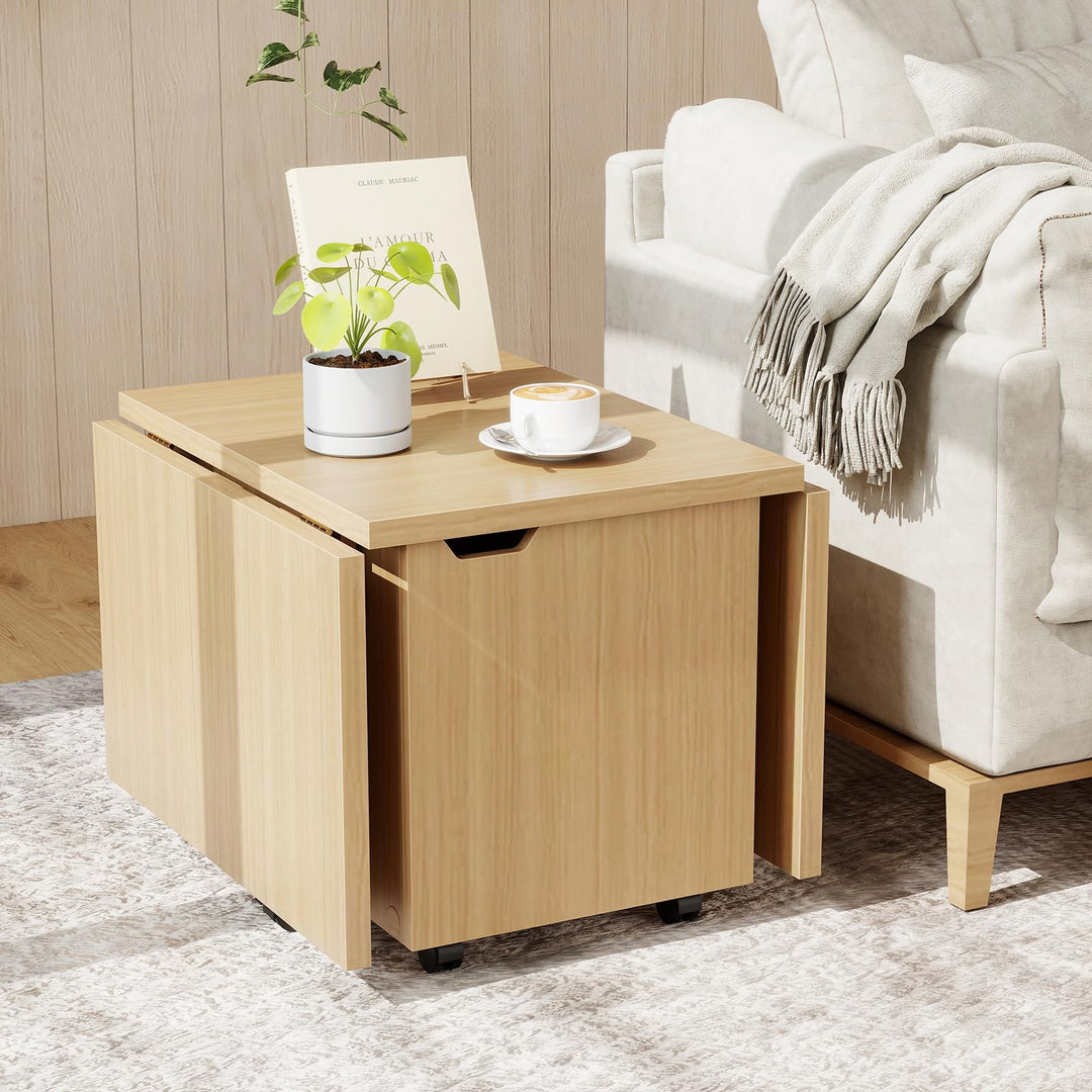 Giantex Folding Coffee Table 48 Inch Drop Leaf Extendable Center Table with Storage Cabinet &amp; Wheels