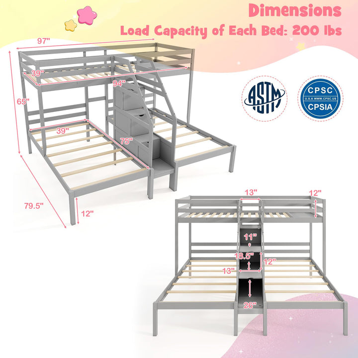 Giantex Twin Over Twin &amp; Twin Bunk Bed Triple Bunk Beds with 4-Step Storage Stair