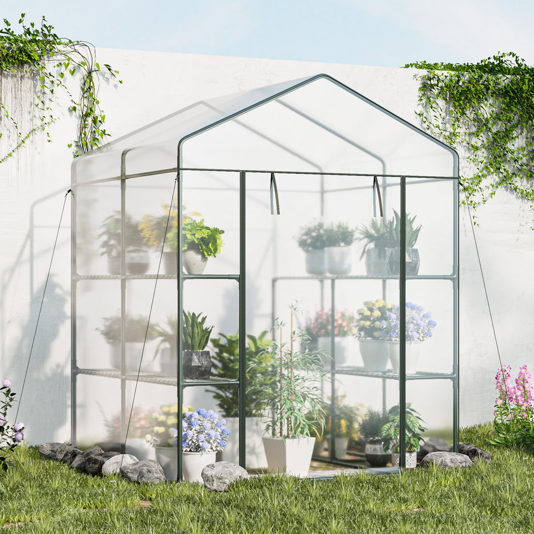 Giantex Walk-in Greenhouse w/ 3 Tiers 4 Shelves, 4 Ground Stakes &amp; Ropes, PVC Cover