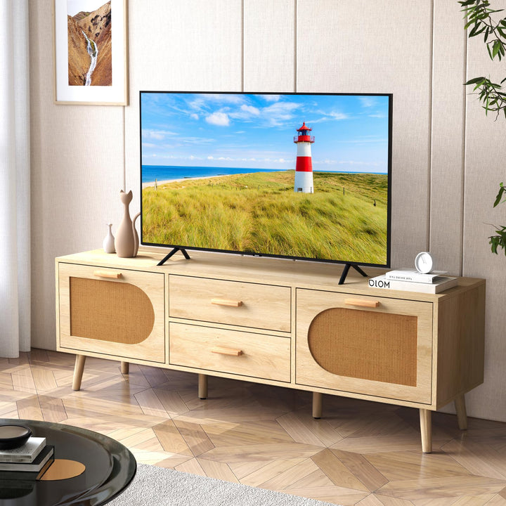 Giantex Rattan TV Stand for TVs up to 65 Inch, 59" TV Console Cabinet with Drawers &amp; Solid Wood Legs