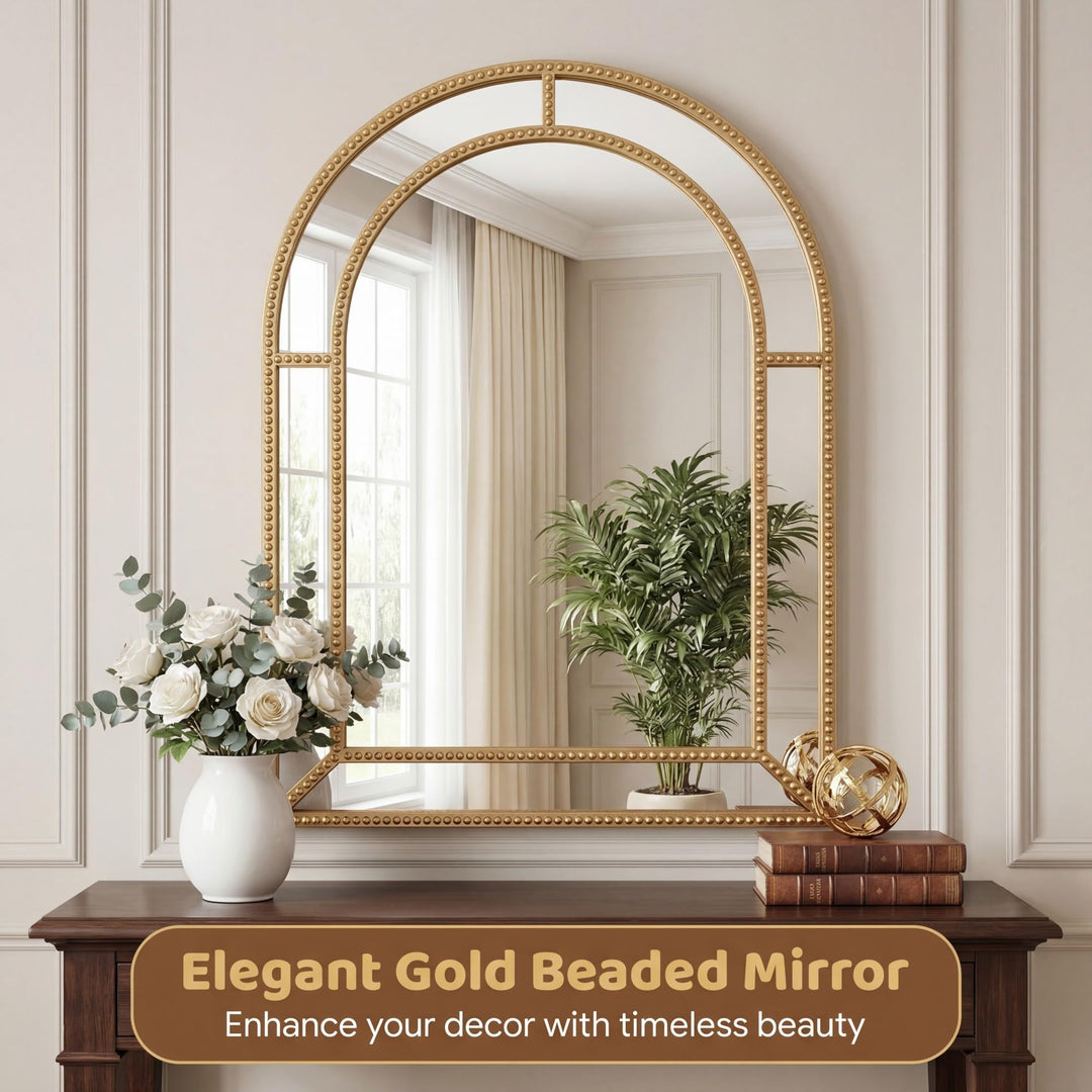 Giantex Gold Arched Wall Mirror with Beaded Frame for Bathroom Entryway