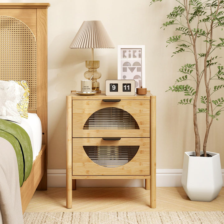 Giantex Bamboo Nightstand, Mid-Century Modern Bedside Table with 2 Storage Drawers &amp; Tempered Glass