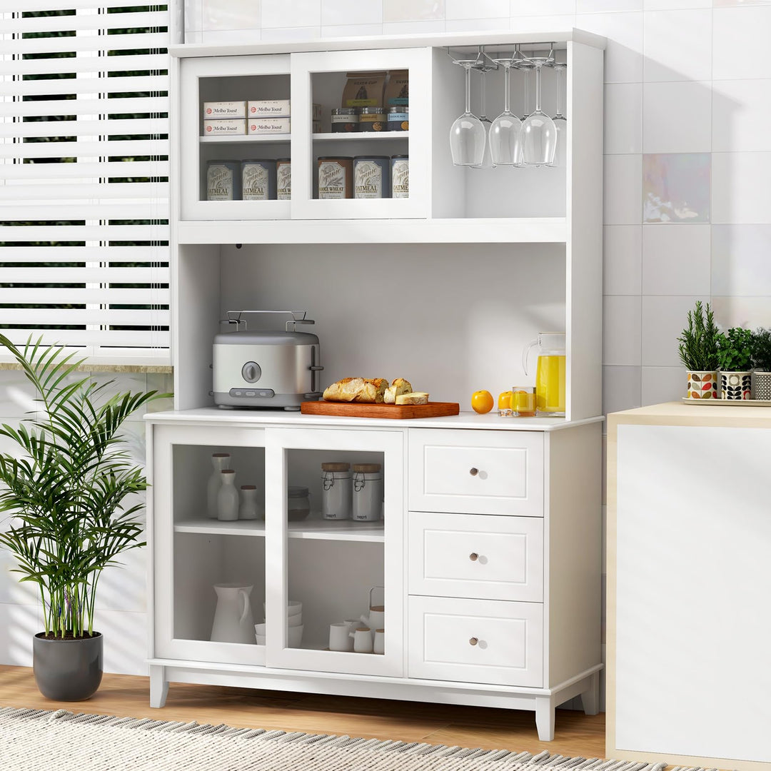 Giantex 73" Kitchen Pantry Storage Cabinet, Hutch Cabinet with LED Lights &amp; Power Outlet, Kitchen Buffet Cabinet w/Wine Glass Racks
