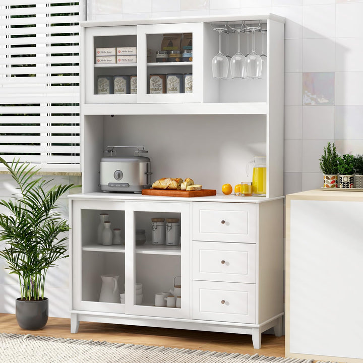 Giantex 73" Kitchen Pantry Storage Cabinet, Hutch Cabinet with LED Lights &amp; Power Outlet, Kitchen Buffet Cabinet w/Wine Glass Racks