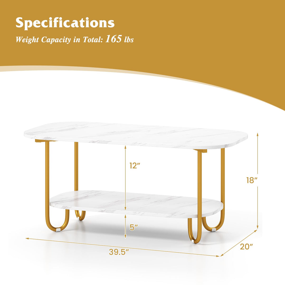 Giantex 2 Tier Coffee Table with Storage Modern Faux Marble Center Table