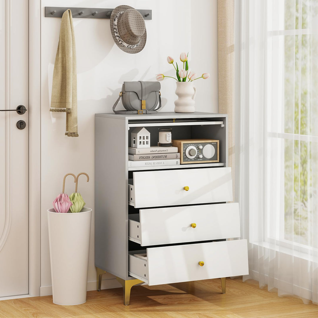 Giantex 3 Drawer Dresser, Modern Storage Cabinet w/Flip Up Fluted Glass Door &amp; Pull-Out Drawers