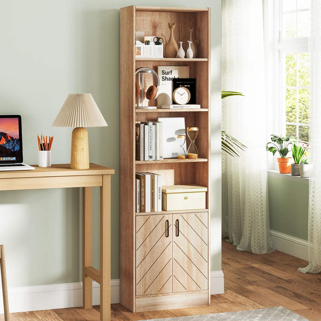 Giantex 6-Tier Bookshelf with Double Doors, 71" Tall Bookcase w/ 4 Open Cubes &amp; 3 Adjustable Shelves