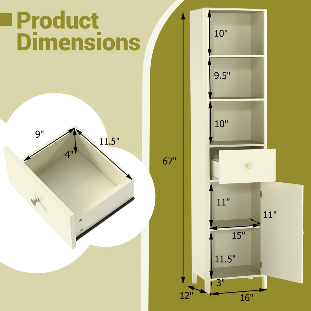 Giantex 67 Inch Tall Bathroom Cabinet, Narrow Floor Cabinet with Fluted Door