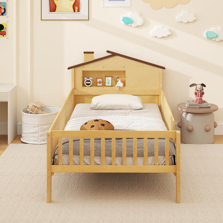 Giantex Twin Bed Frames for Kids, Solid Wood Montessori Bed with House-Shaped Headboard &amp; Built-in Storage Shelf