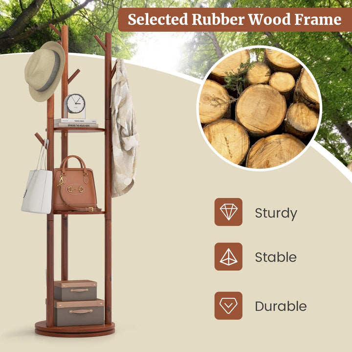 Giantex Coat Rack Freestanding, Wooden Rotary Coat Tree w/ 3 Display Storage Shelves &amp; 9 Hooks