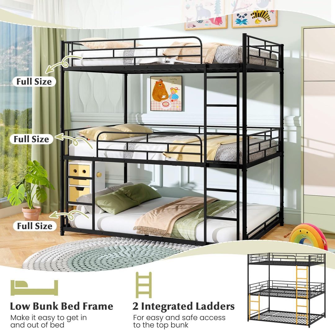 Giantex Metal Full Over Full Over Full Bunkbeds with Safety Guardrails &amp; 2 Ladders