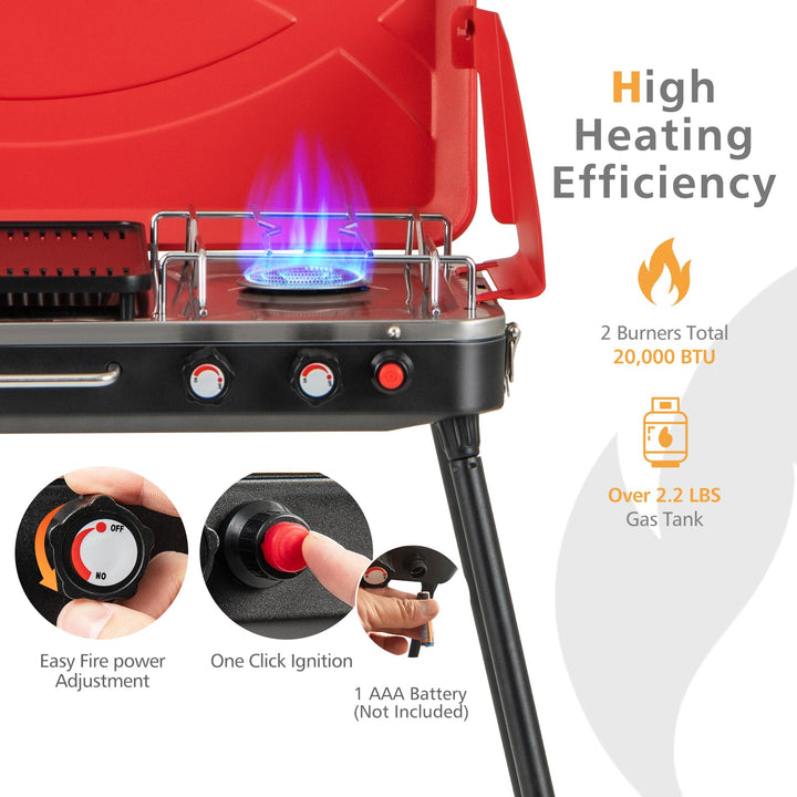 Giantex 2-in-1 Gas Camping Grill and Stove, Portable Propane Grill Burner, Gas Hose with Regulator, 20,000 Total BTUs