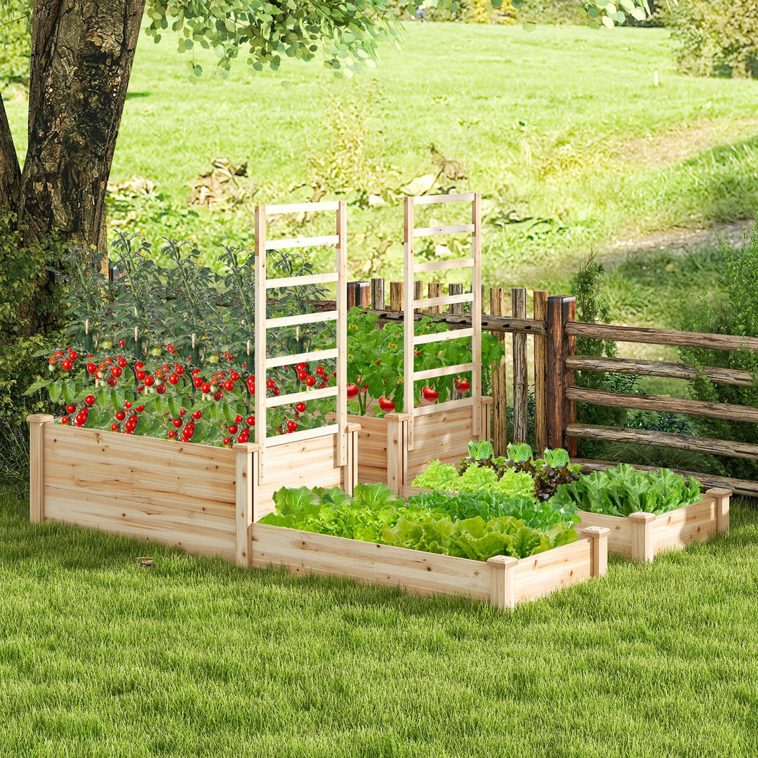 Giantex Raised Garden Bed with Trellis, Set of 2 Wood Shallow &amp; Deep Planter Box for Climbing Plants