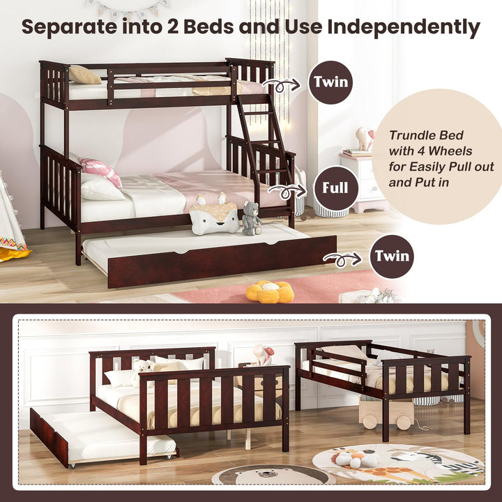 Giantex Twin Over Full Bunk Bed with Trundle, Reversible Ladder &amp; Safety Guardrails