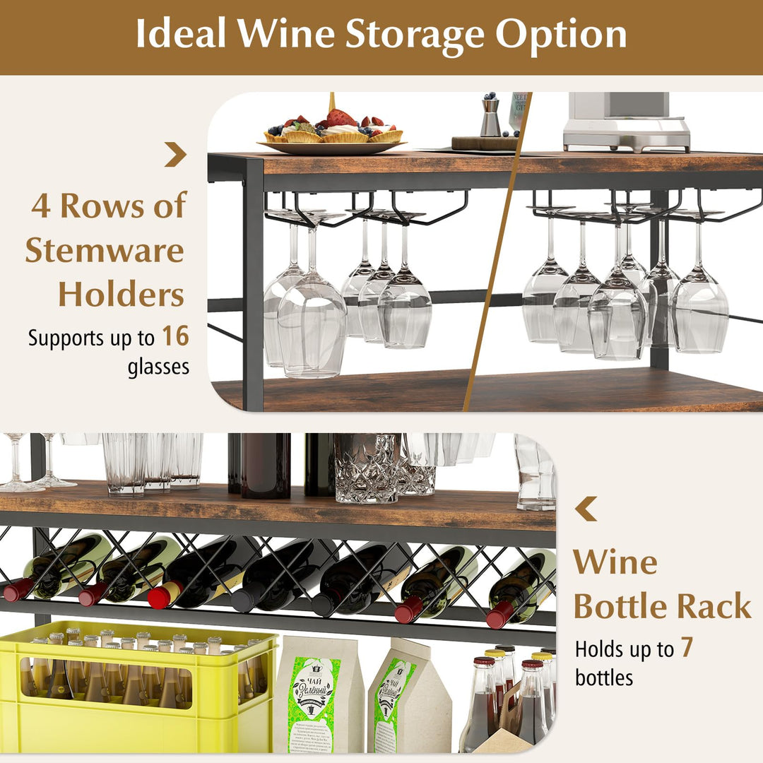 Giantex 4-Tier Wine Rack Table - 7-Bottle Wine Bar Cabinet w/ 4 Wine Racks &amp; 16 Glasses Holder