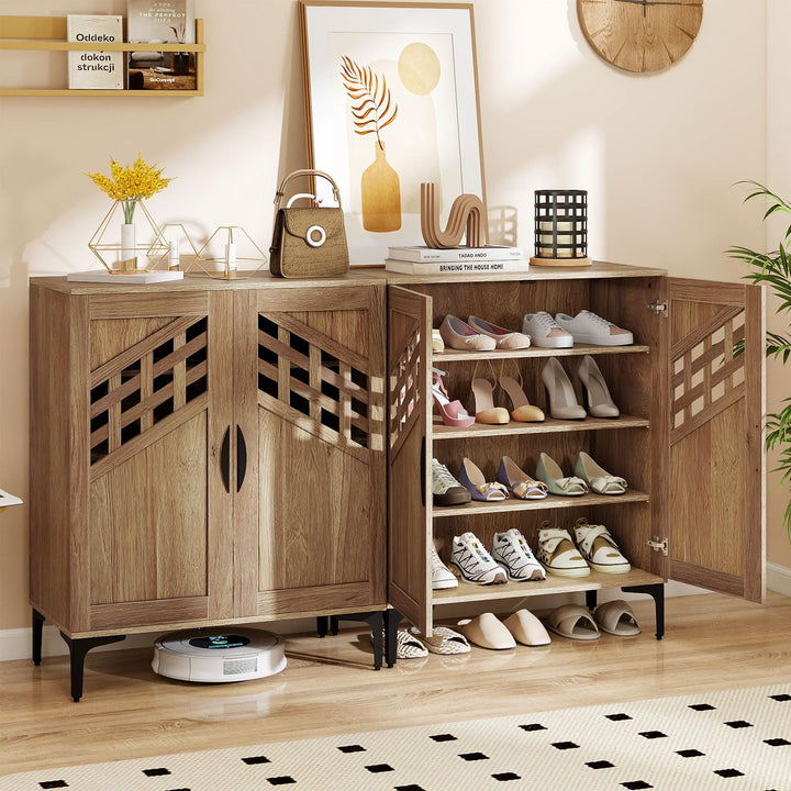 Giantex 4-Tier Wooden Shoe Organizer Cabinet with Hollow Woven Doors &amp; 3 Removable Shelves