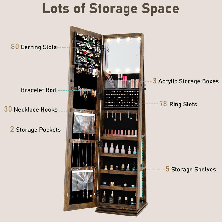 CHARMAID Swivel Jewelry Armoire with Full-Length Mirror &amp; Lighted Makeup Mirror
