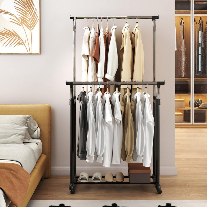 Giantex Double Rod Clothing Rack with Adjustable Height &amp; Wheels