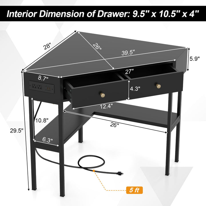 Giantex Corner Desk with Charging Station, 90 Degree Triangle Computer Desk with 2 Drawers &amp; Storage Shelf