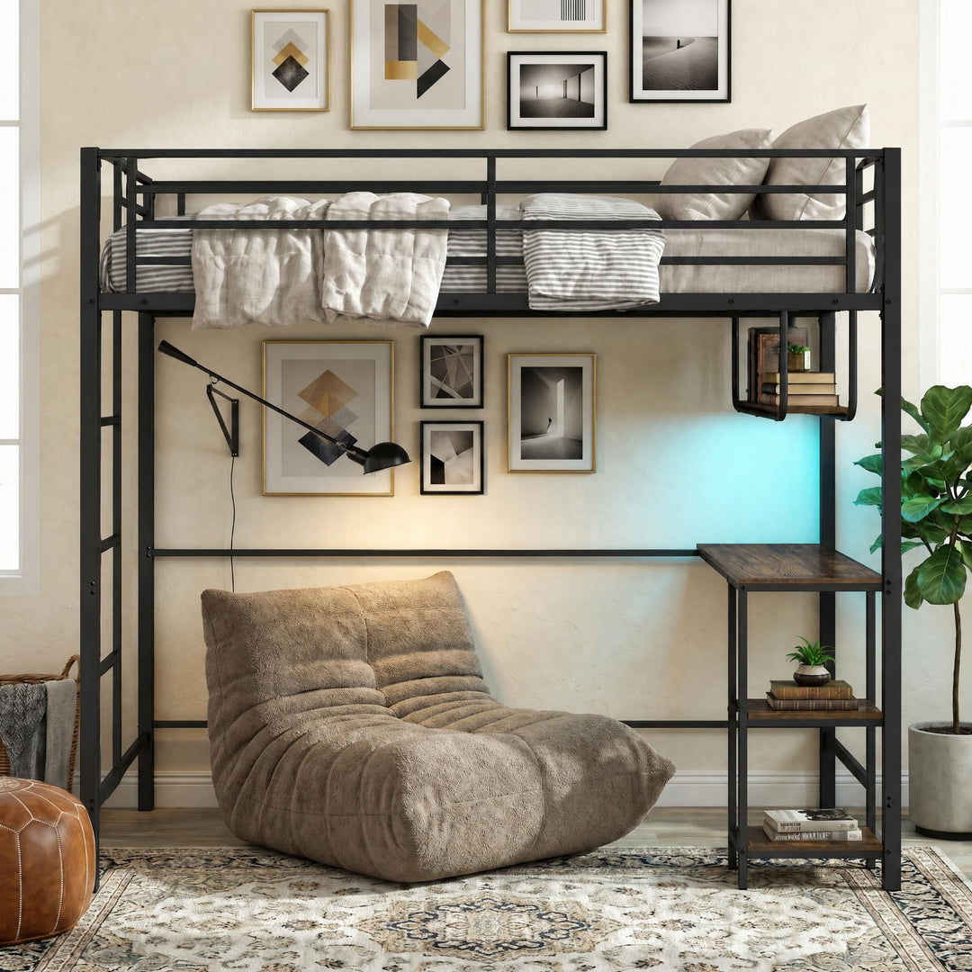Giantex Twin Loft Bed with Desk LED Lights &amp; Charging Station