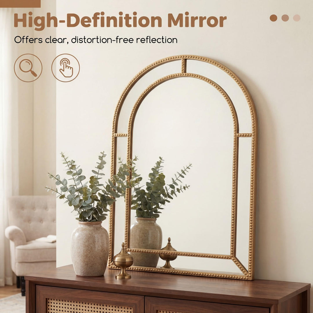 Giantex Gold Arched Wall Mirror with Beaded Frame for Bathroom Entryway