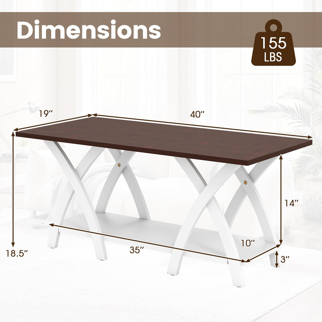 40 Inch Farmhouse Wooden 2-Tier Coffee Table with Storage Shelf for Living Room